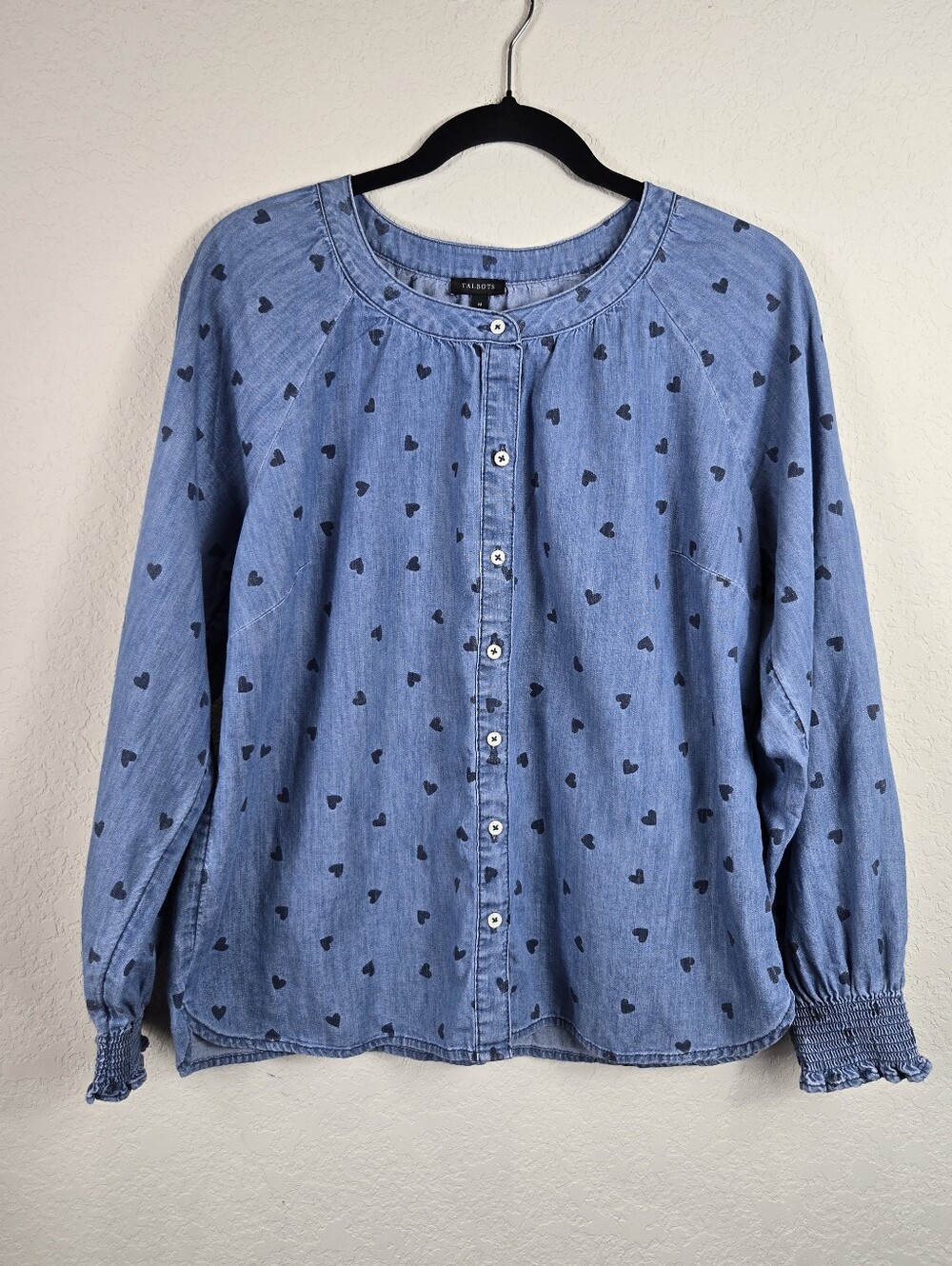Talbots Chambray Heart Print Button Front Top Smocked Ruffle Cuff Blue M - Picture 3 of 7
